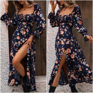 Boho Floral Print Ruffle Sleeve Maxi Dress